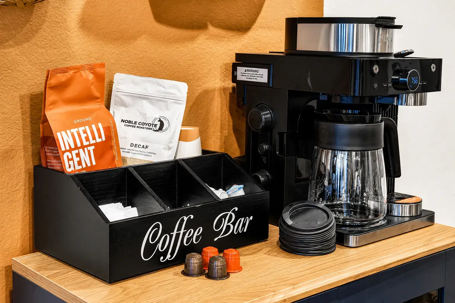 Guest-ready coffee bar with premium brews and a sleek modern coffee maker