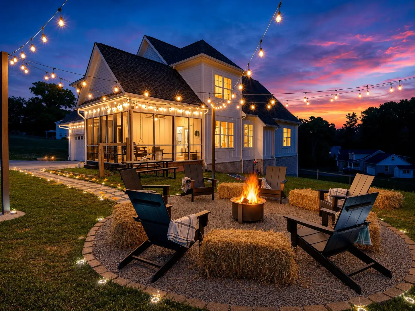 Cozy fire pit patio with string lights and stunning sunset ambiance