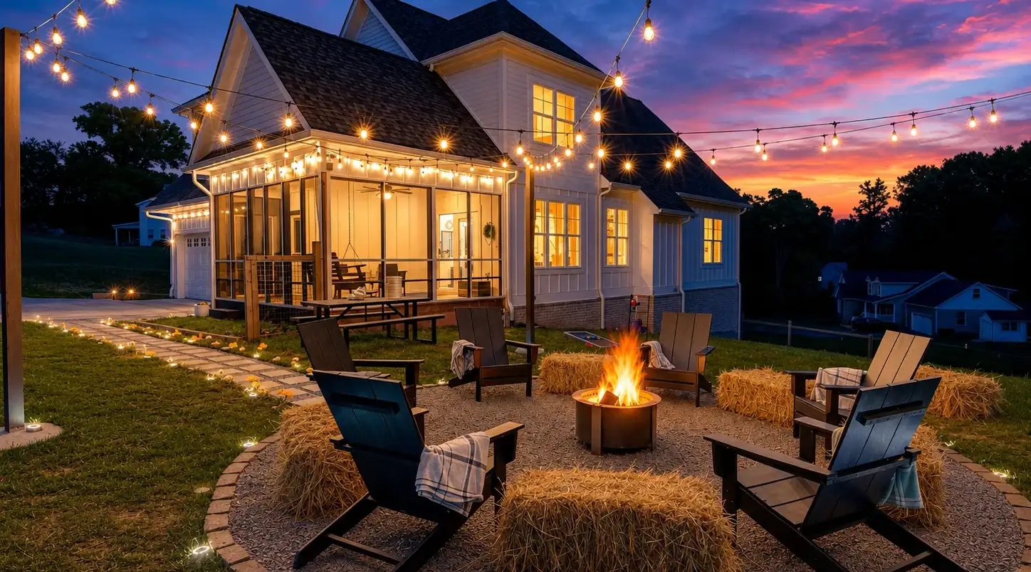 Cozy fire pit patio with string lights and stunning sunset ambiance
