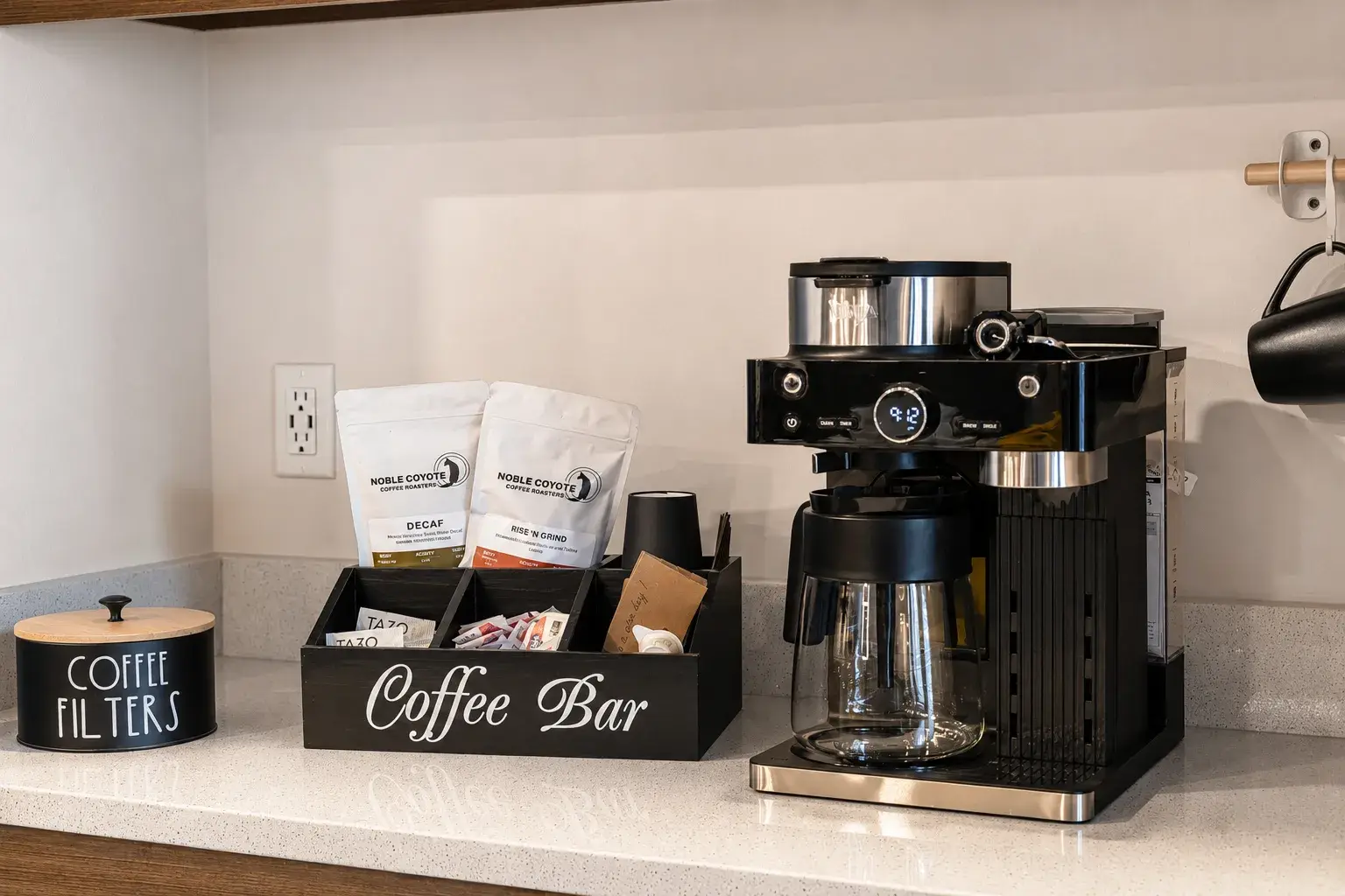 Inviting coffee bar with brewer, tea, and all the essentials