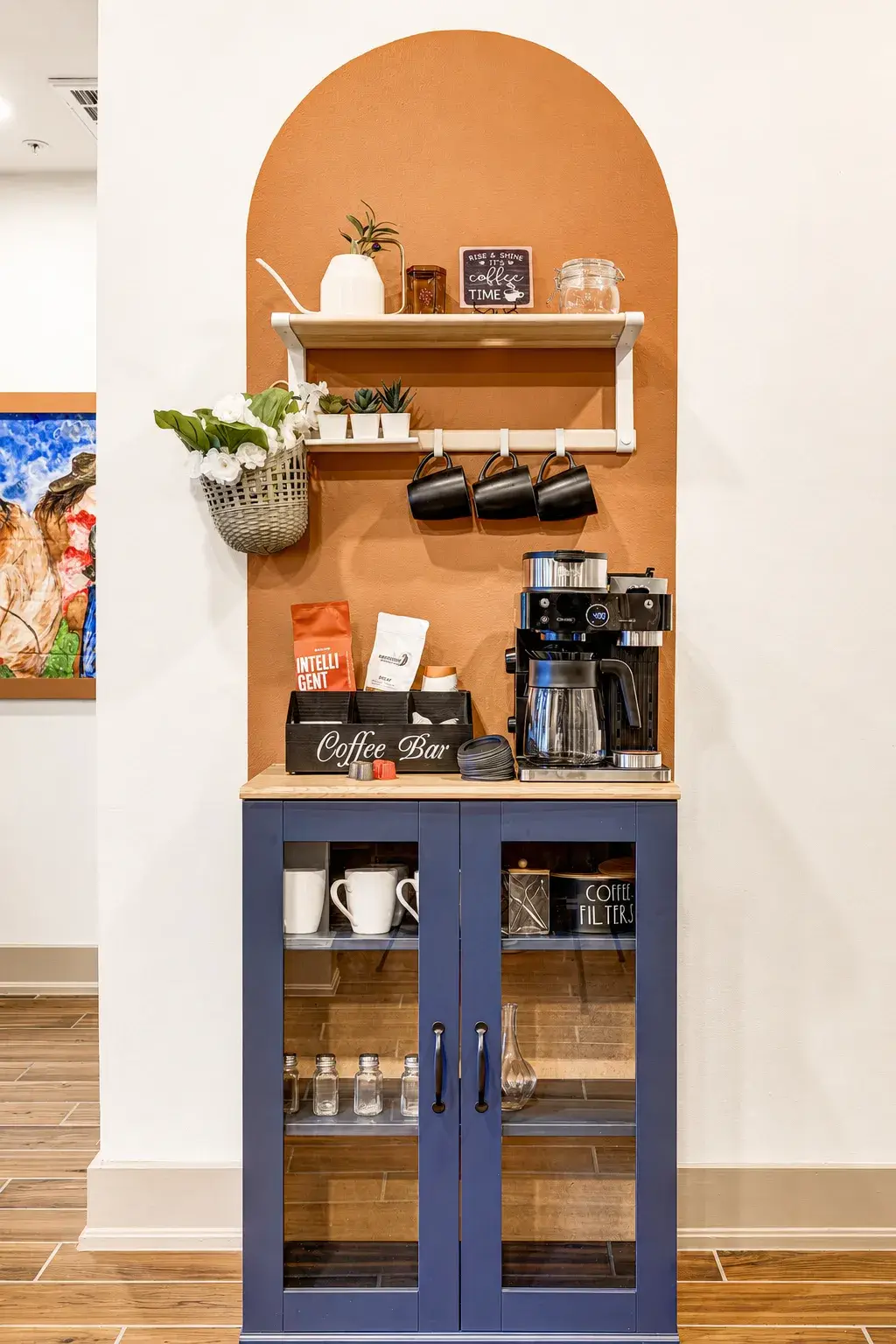 Charming coffee bar with stocked supplies and stylish accent wall