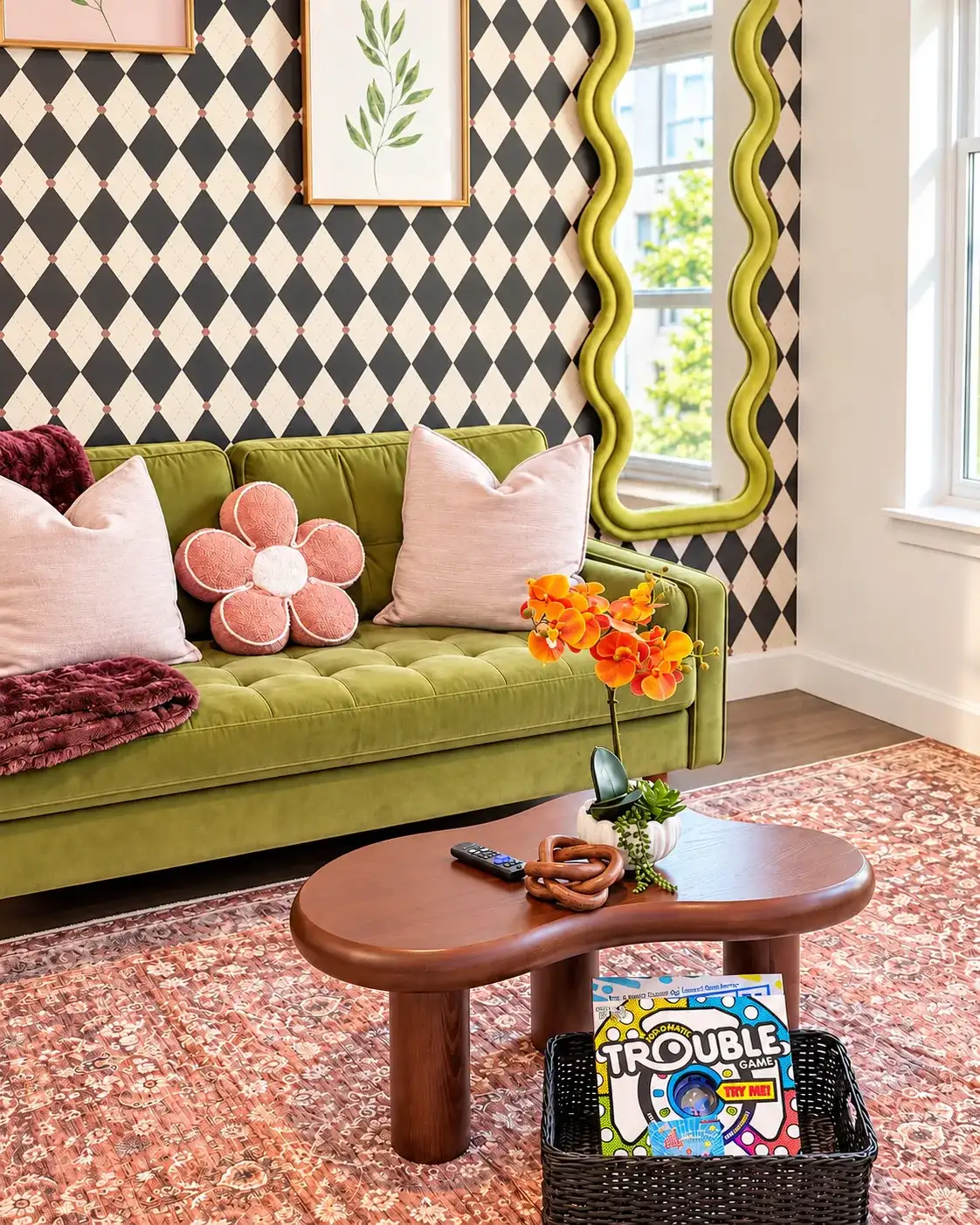 Living room with a velvet sofa