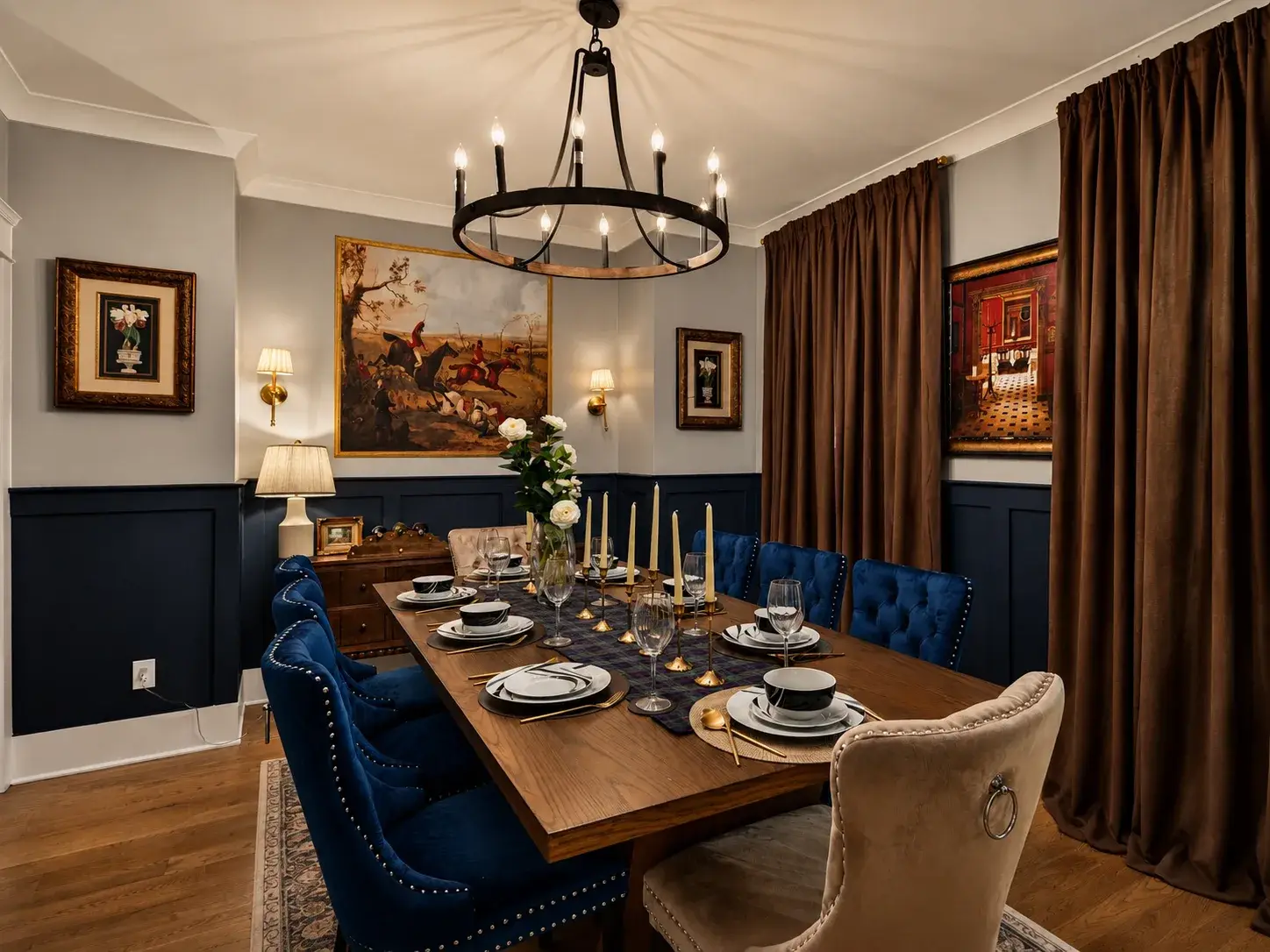 Elegant formal dining room with statement chandelier and seating for six
