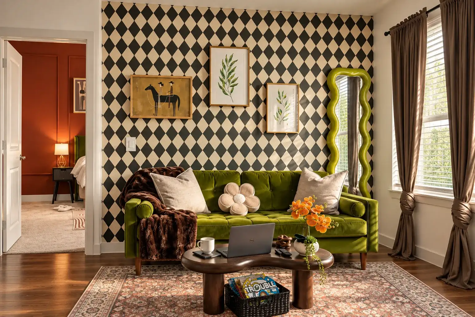 Living room with a velvet sofa