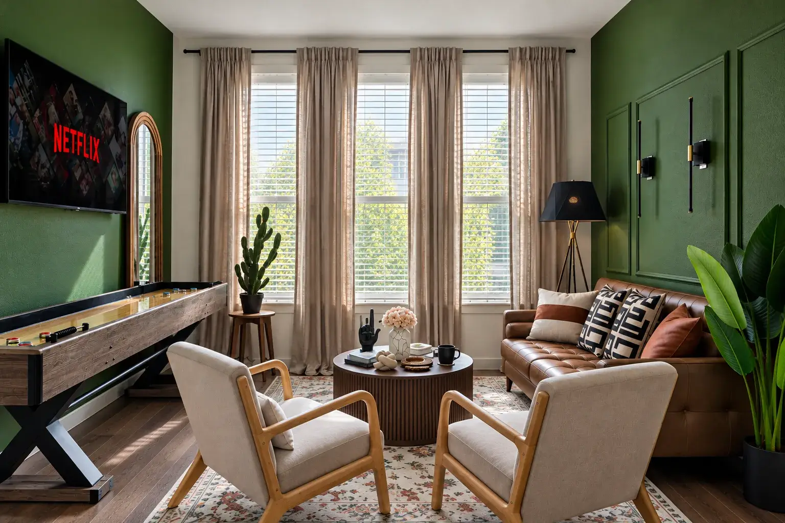 Community game lounge with tall windows