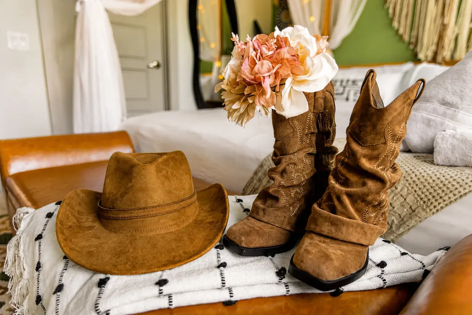 Cozy Western-chic bedroom with warm decor and boutique-style charm