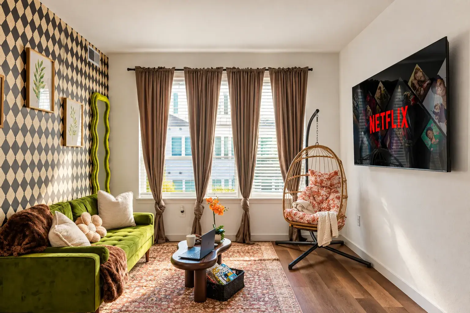 Living room with a hanging chair and a big TV
