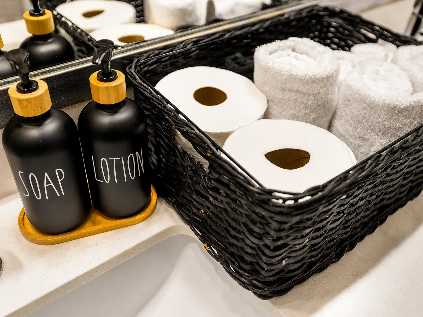 Well-stocked bathroom essentials with stylish, guest-ready touches