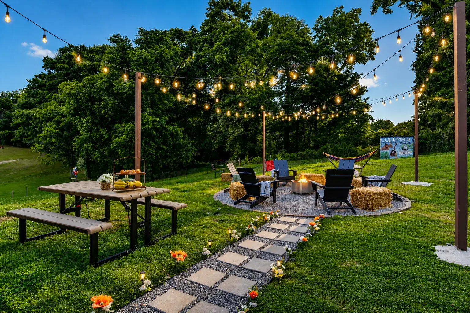 Charming backyard fire pit lounge with string lights and peaceful wooded views