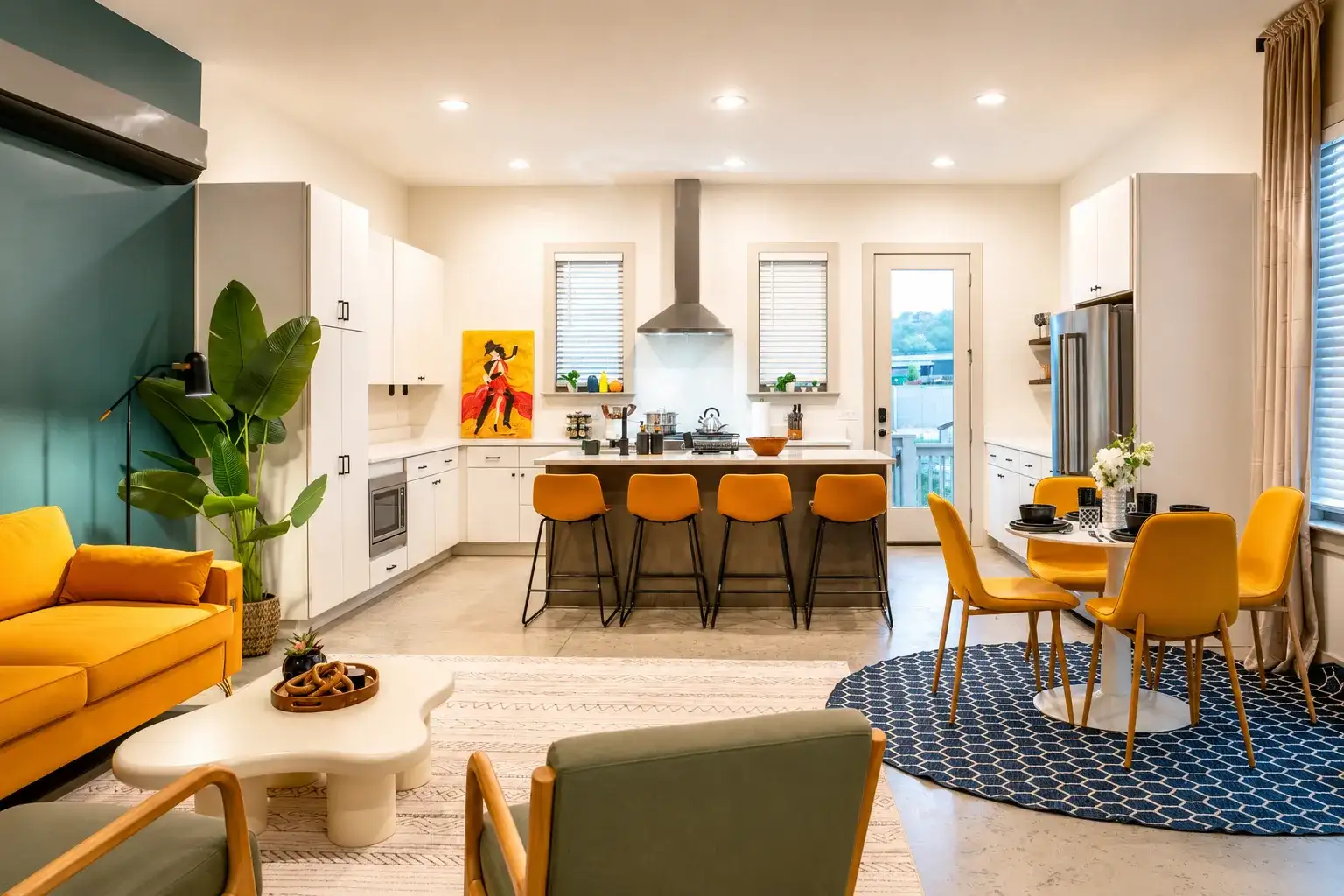 Open plan kitchen, dining and living room, so the whole group stays together