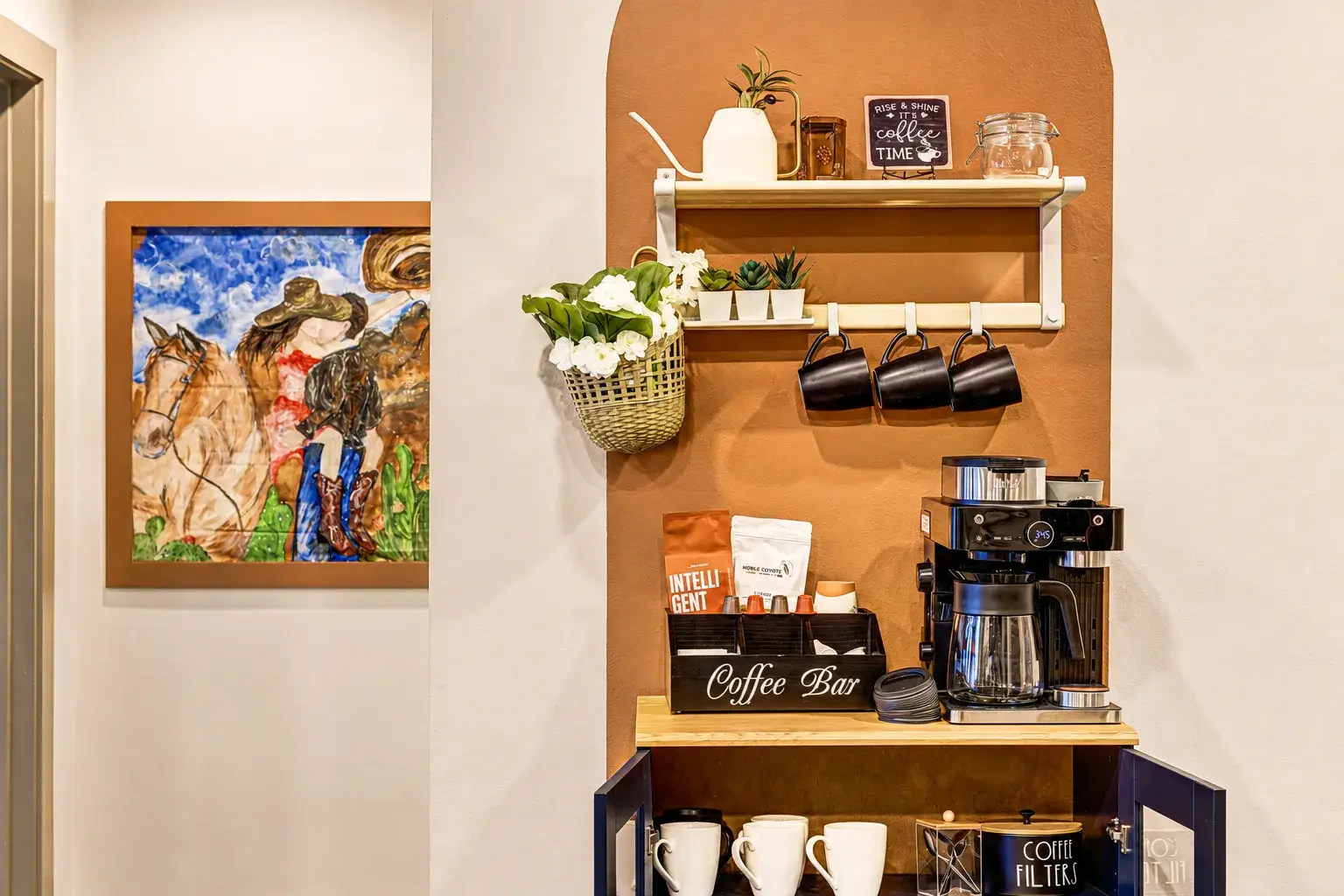 Cozy built-in coffee bar with stylish décor and ready-to-brew essentials
