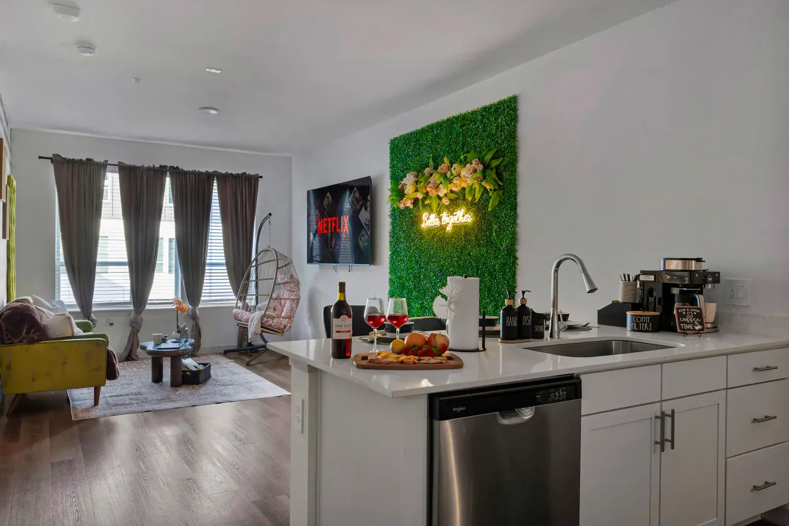 Open living area with a wine nook