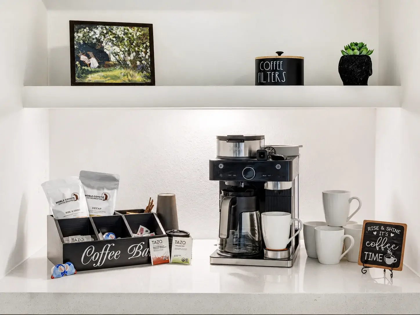 Inviting coffee bar with stocked essentials for a cozy morning start