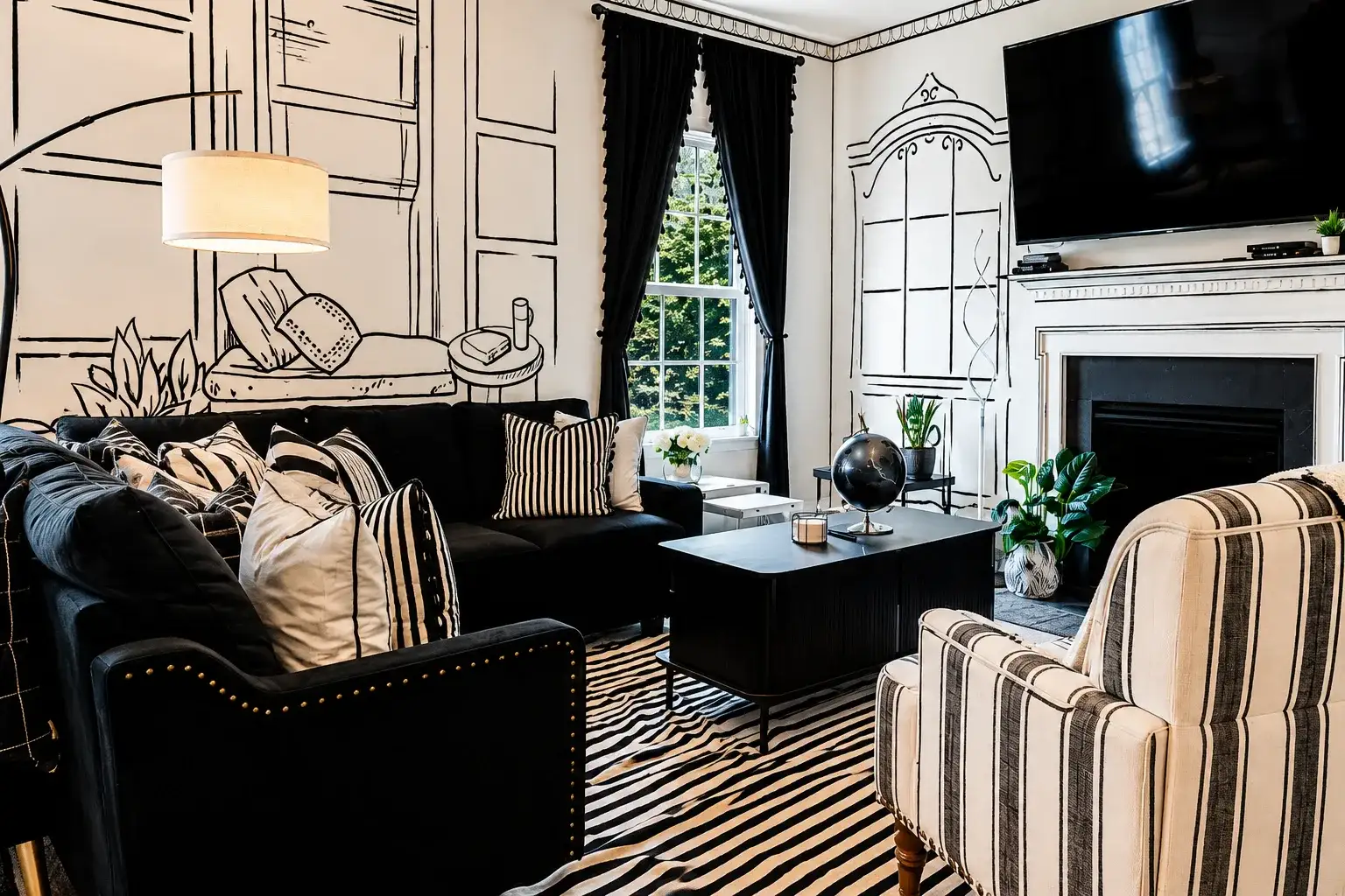 Chic black-and-white lounge with fireplace, TV, and designer details