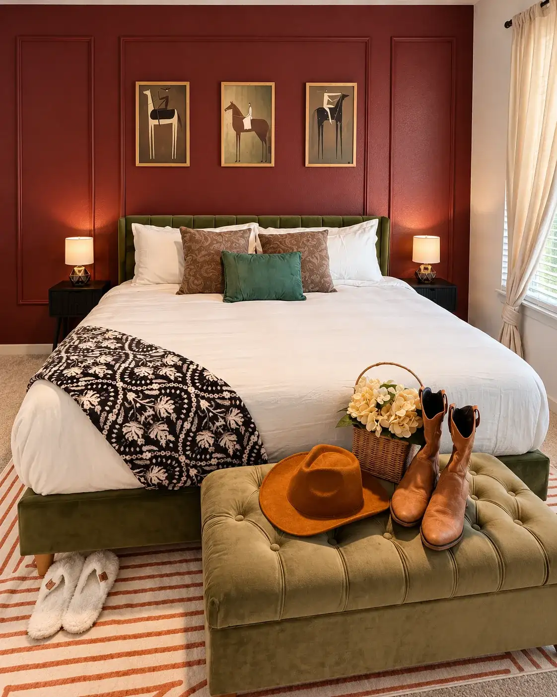 King bedroom with velvet accents
