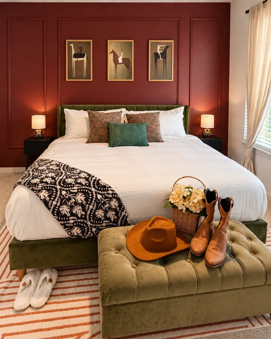 King bedroom with velvet accents